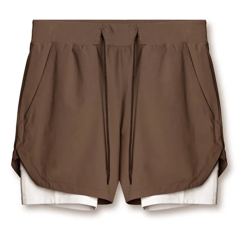 Sports casual quick-drying double-layer two-in-one running shorts with liner, polyester, beige colour, men's size M
