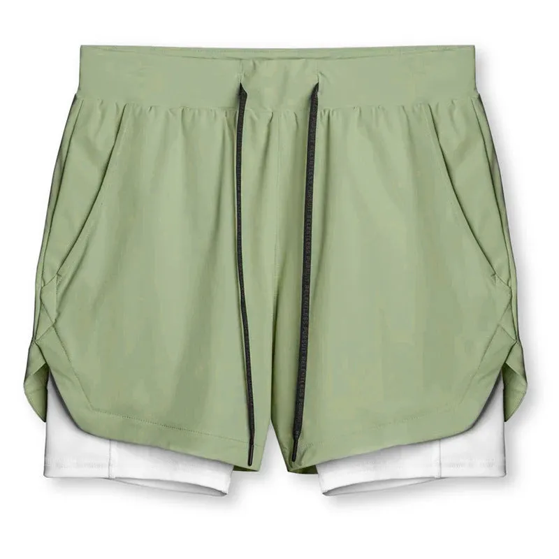 Sports casual quick-drying double-layer two-in-one running shorts with liner, polyester, beige colour, men's size M