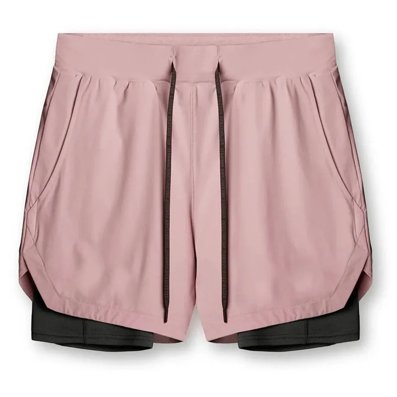 Sports casual quick-drying double-layer two-in-one running shorts with liner, polyester, beige colour, men's size M