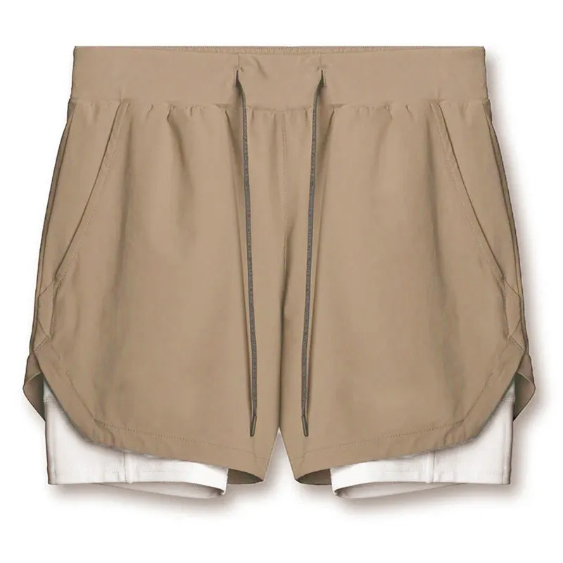Sports casual quick-drying double-layer two-in-one running shorts with liner, polyester, beige colour, men's size M