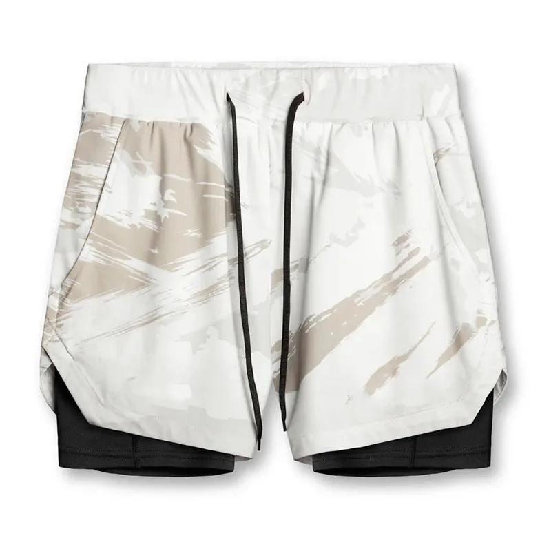 Sports casual quick-drying double-layer two-in-one running shorts with liner, polyester, beige colour, men's size M
