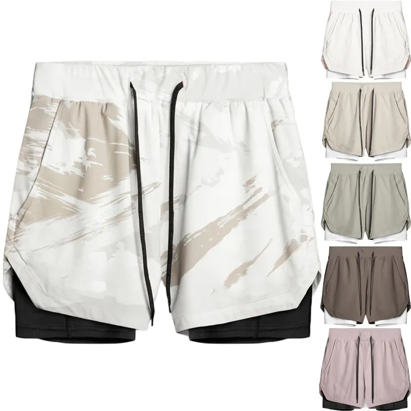 Sports casual quick-drying double-layer two-in-one running shorts with liner, polyester, beige colour, men's size M