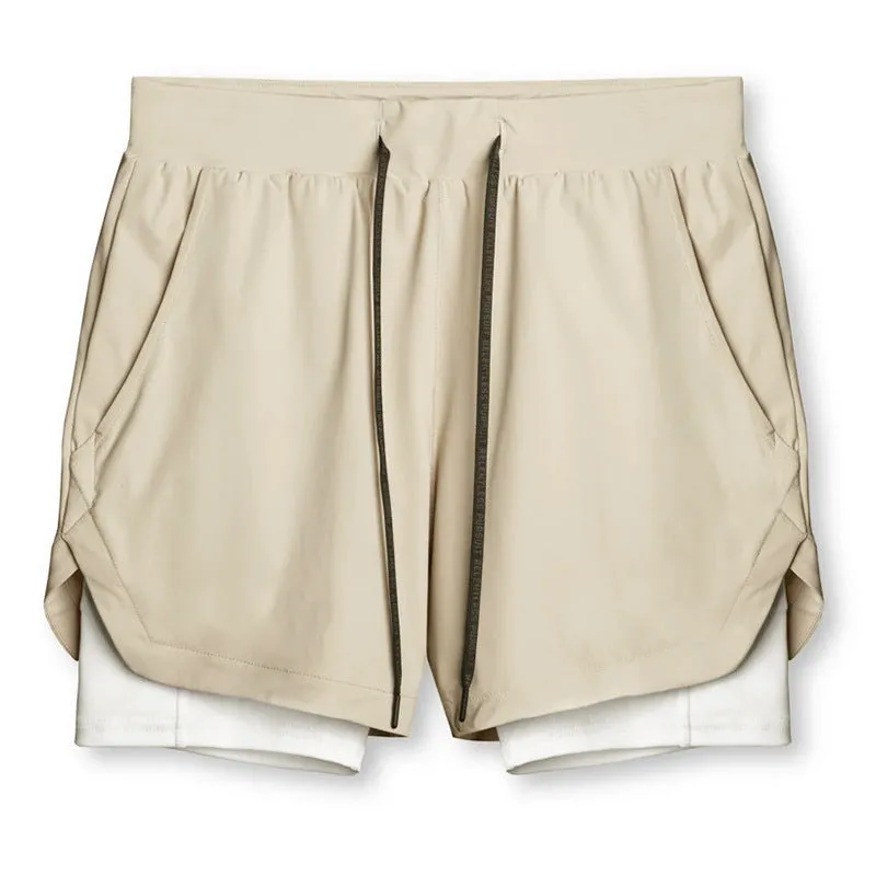 Sports casual quick-drying double-layer two-in-one running shorts with liner, polyester, beige colour, men's size M