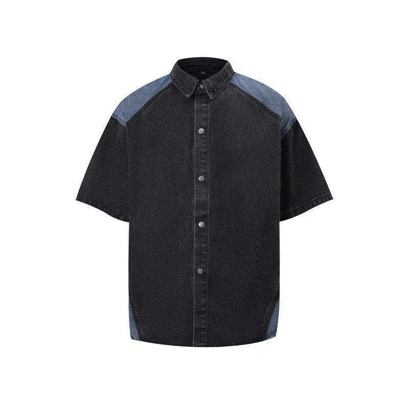 Retro washed blue denim short-sleeve jacket and matching trousers suit set on a hanger