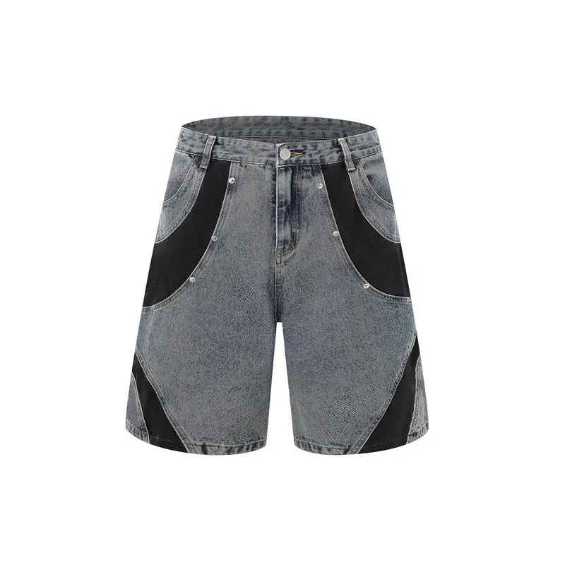 Retro washed blue denim short-sleeve jacket and matching trousers suit set on a hanger