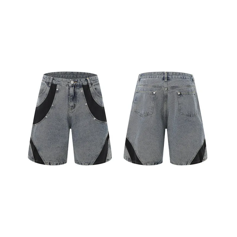 Retro washed blue denim short-sleeve jacket and matching trousers suit set on a hanger