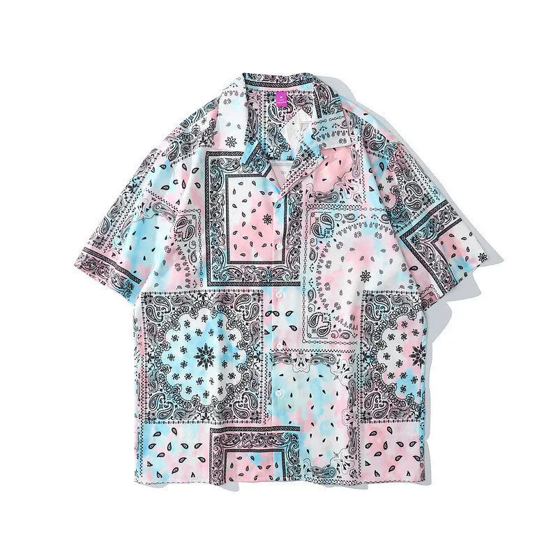 Retro Hawaiian shirt with cashew flower pattern, loose fit, short sleeves, lapel collar, for men and women