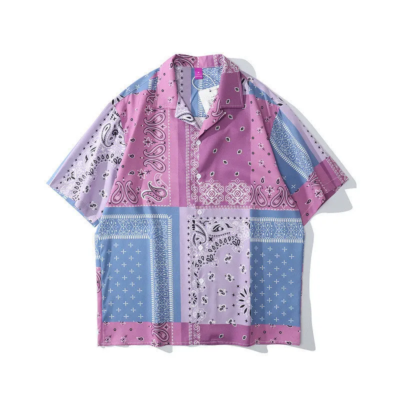 Retro Hawaiian shirt with cashew flower pattern, loose fit, short sleeves, lapel collar, for men and women
