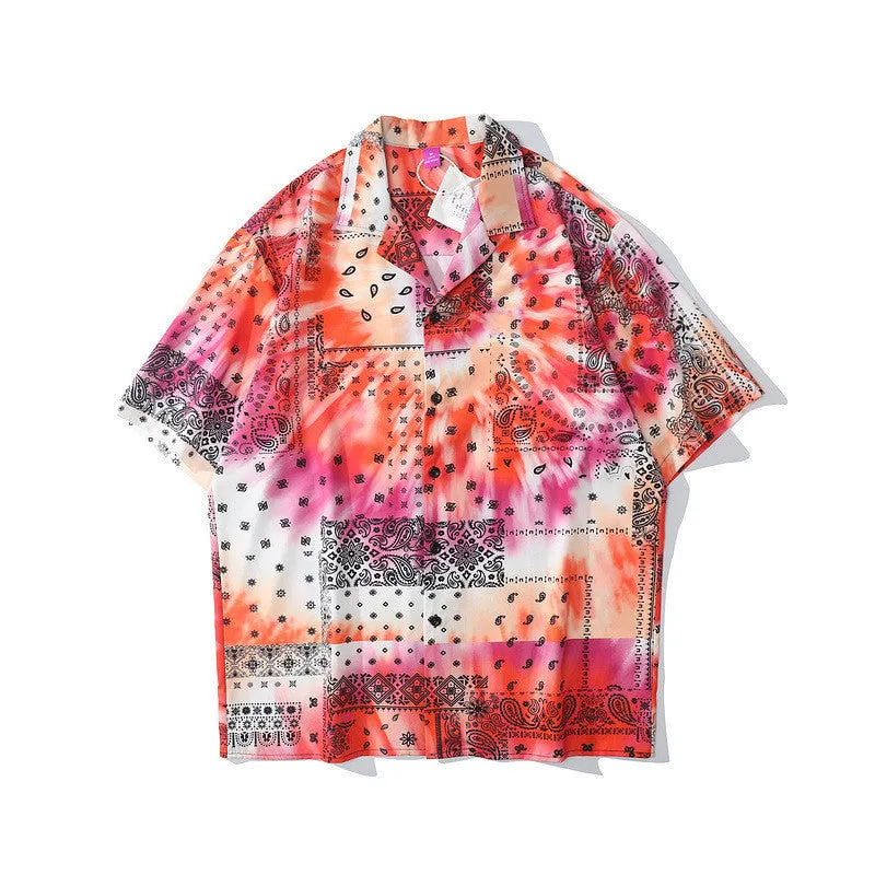 Retro Hawaiian shirt with cashew flower pattern, loose fit, short sleeves, lapel collar, for men and women