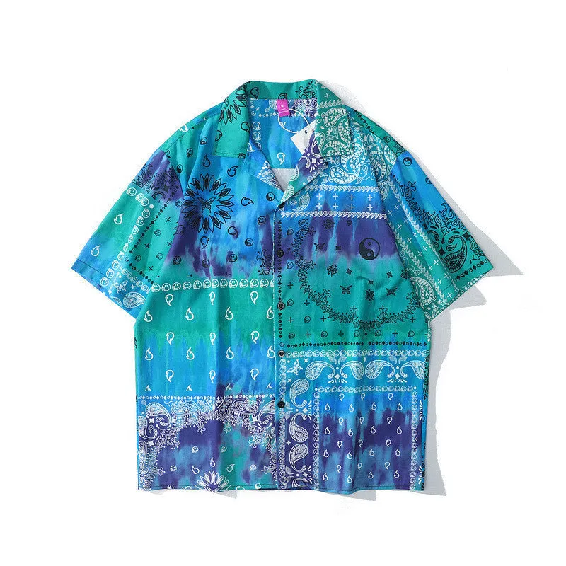 Retro Hawaiian shirt with cashew flower pattern, loose fit, short sleeves, lapel collar, for men and women