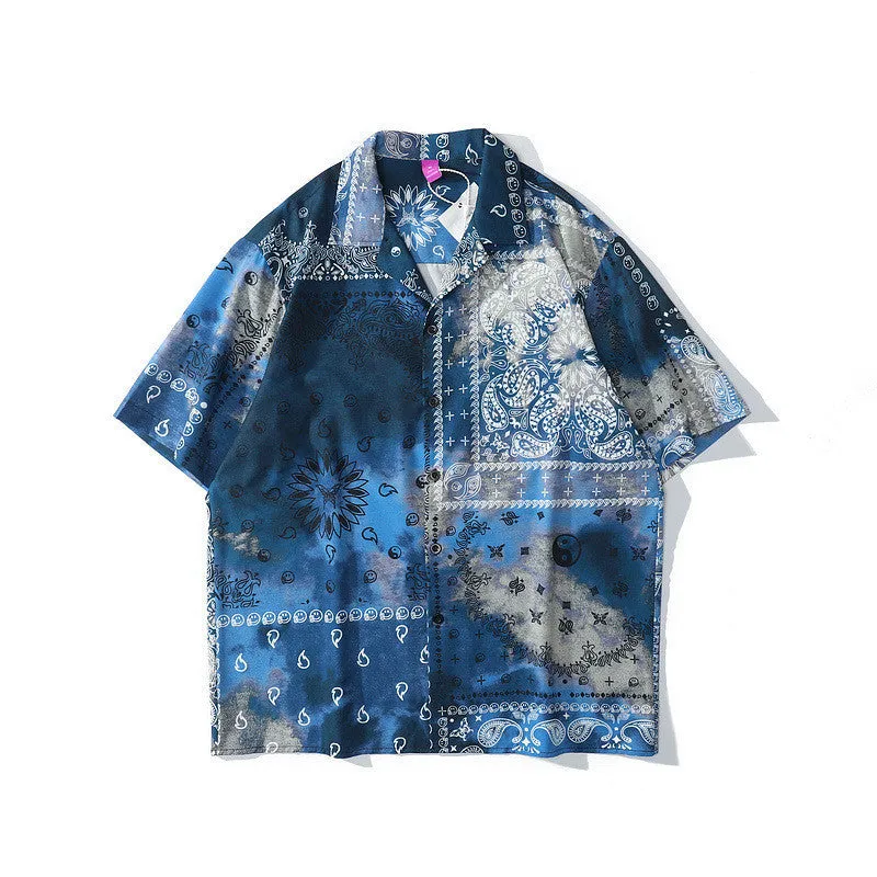 Retro Hawaiian shirt with cashew flower pattern, loose fit, short sleeves, lapel collar, for men and women