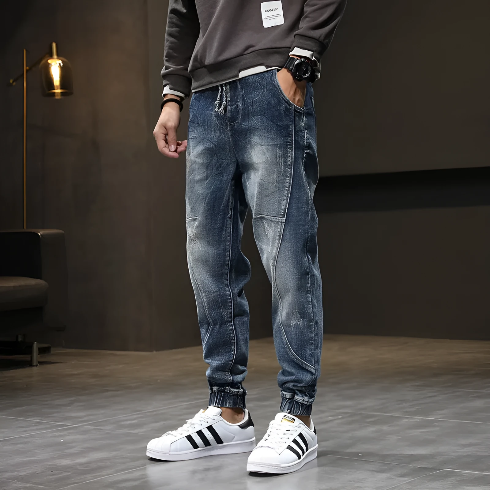 Men's blue plus size velvet stretch jeans with fleece lining, slim casual fit