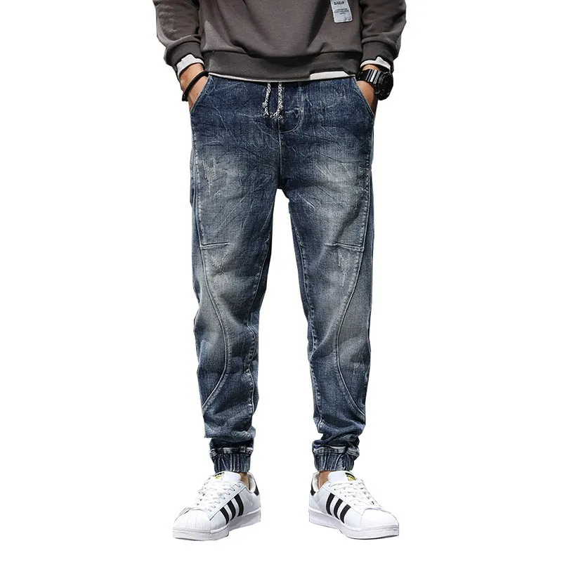 Men's blue plus size velvet stretch jeans with fleece lining, slim casual fit