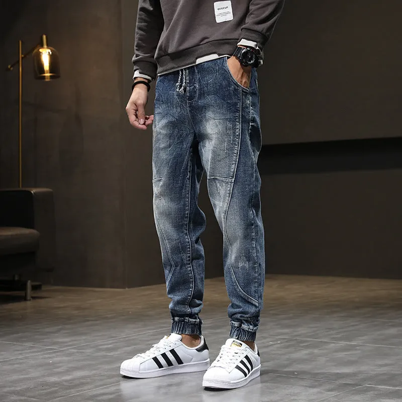 Men's blue plus size velvet stretch jeans with fleece lining, slim casual fit