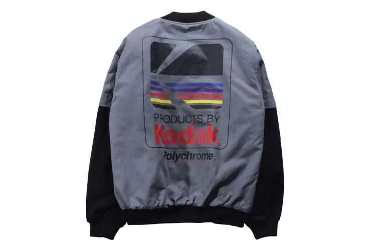 Hip hop style unisex cotton baseball jacket in grey with round neck and side slit pockets