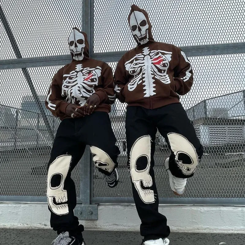 Y2K Millennial crew neck skeleton sweater coat loose fit cardigan for women in black with skeleton print