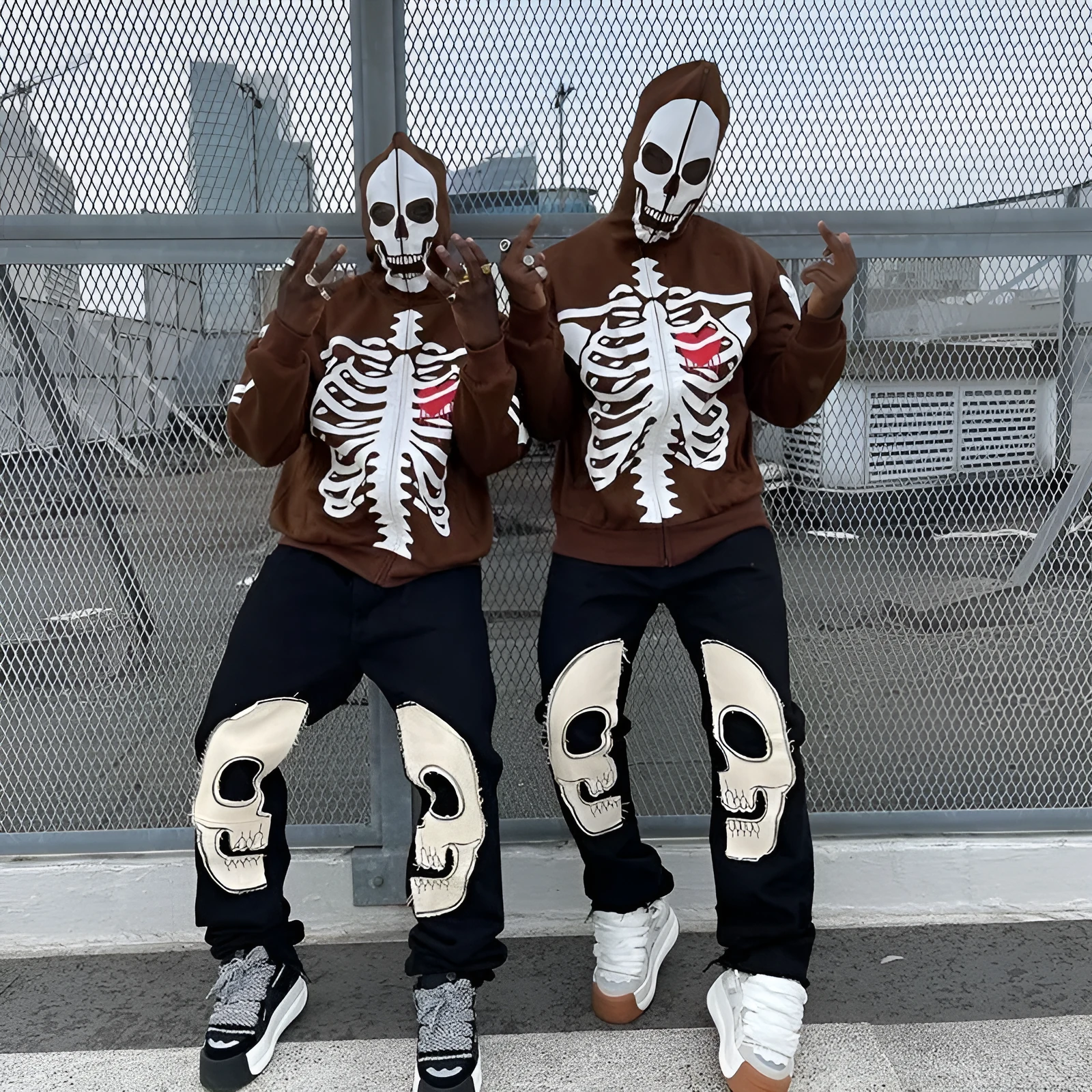 Y2K Millennial crew neck skeleton sweater coat loose fit cardigan for women in black with skeleton print