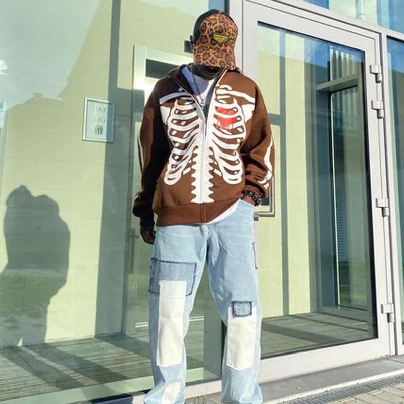 Y2K Millennial crew neck skeleton sweater coat loose fit cardigan for women in black with skeleton print