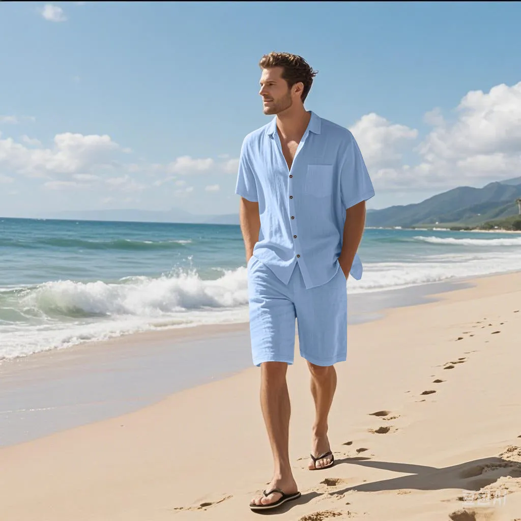 Linen blend short sleeve shirt and shorts beach suit in light blue.