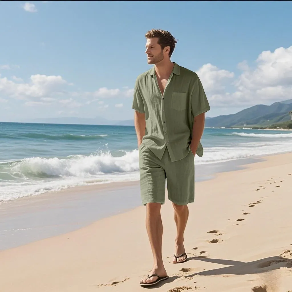 Linen blend short sleeve shirt and shorts beach suit in light blue.