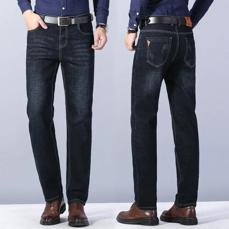 Men's loose straight casual work stretch jeans in blue elastic option with mid-waist and straight leg