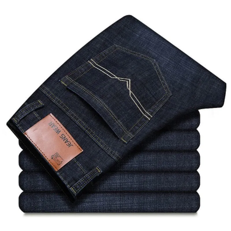 Men's loose straight casual work stretch jeans in blue elastic option with mid-waist and straight leg