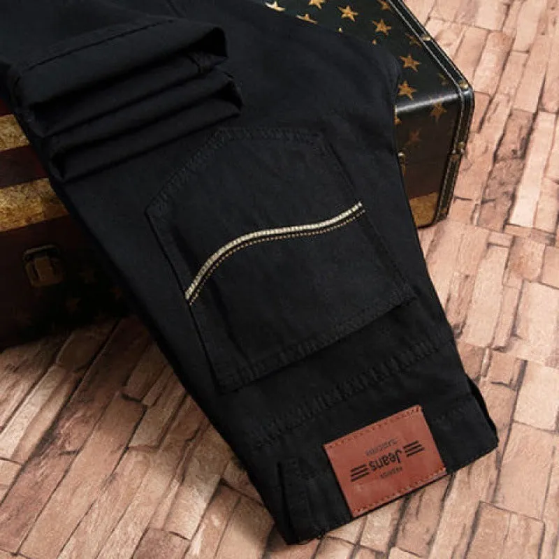 Men's loose straight casual work stretch jeans in blue elastic option with mid-waist and straight leg