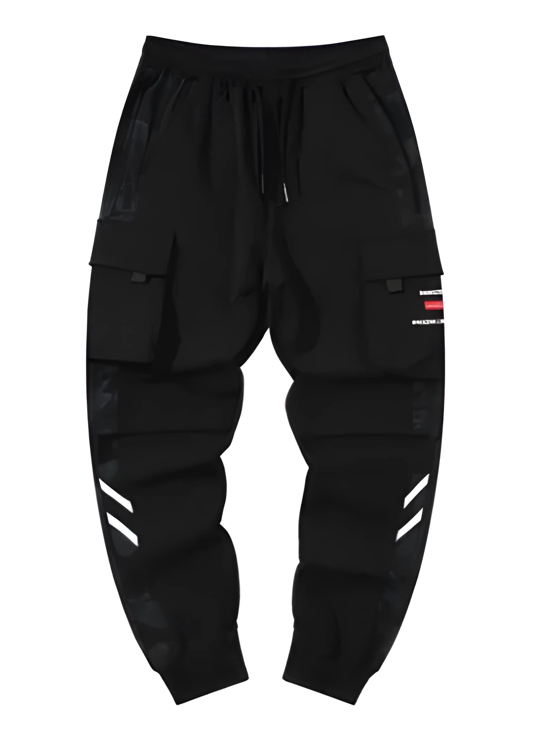 Men's straight-leg casual trousers in black nylon blend fabric with micro-elastic waist on a plain background