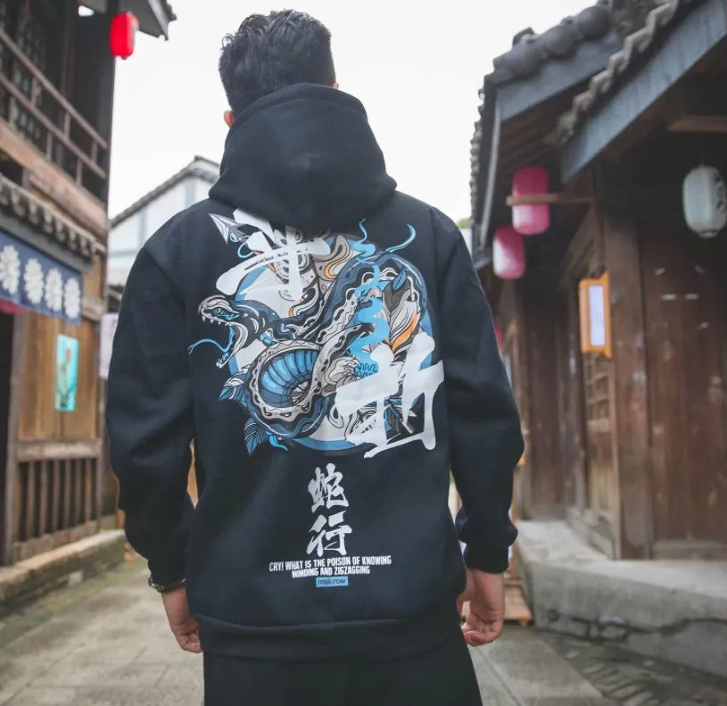 Men Chinese letter hooded cotton pullover sweatshirt in black and white options