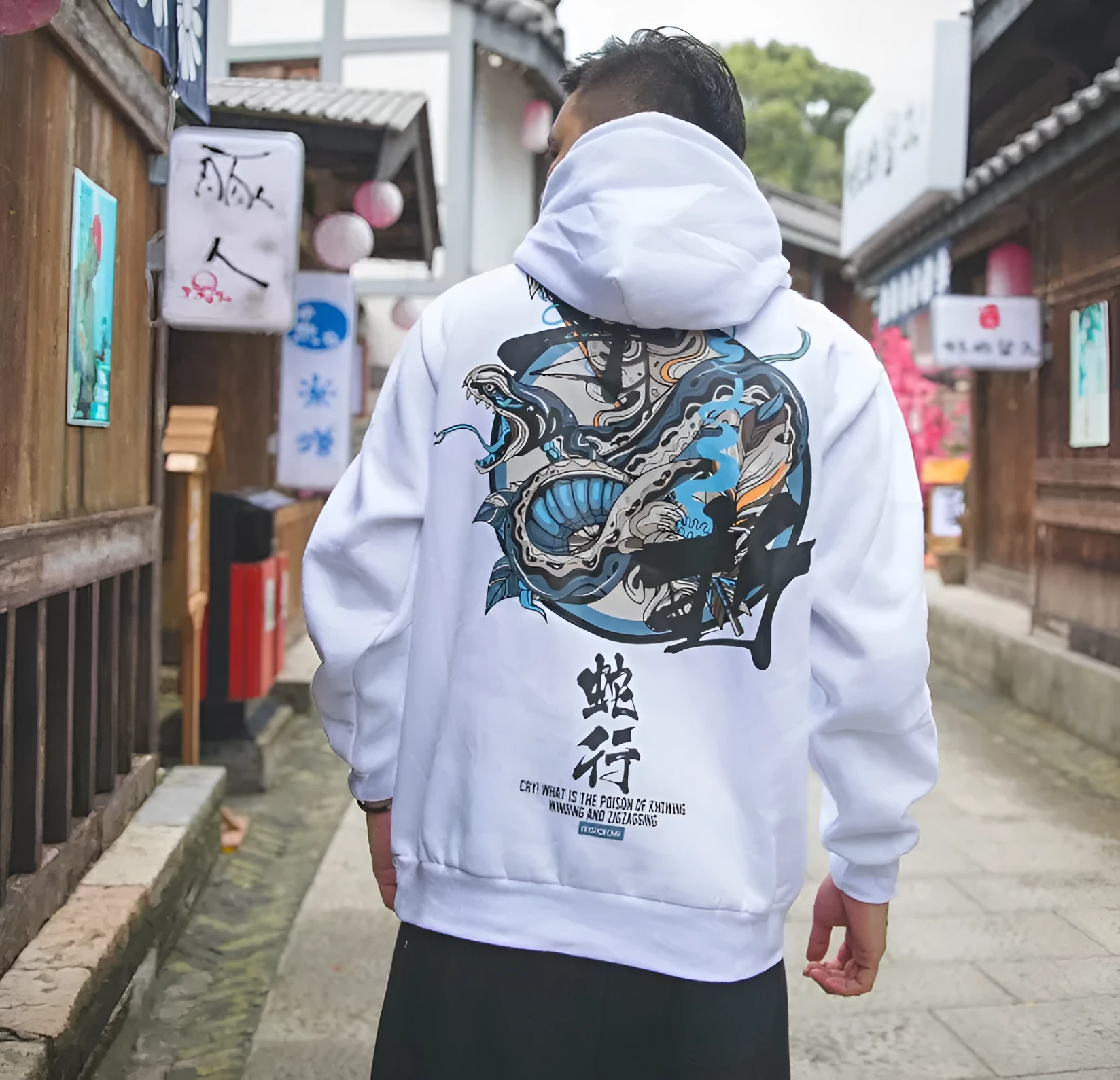 Men Chinese letter hooded cotton pullover sweatshirt in black and white options