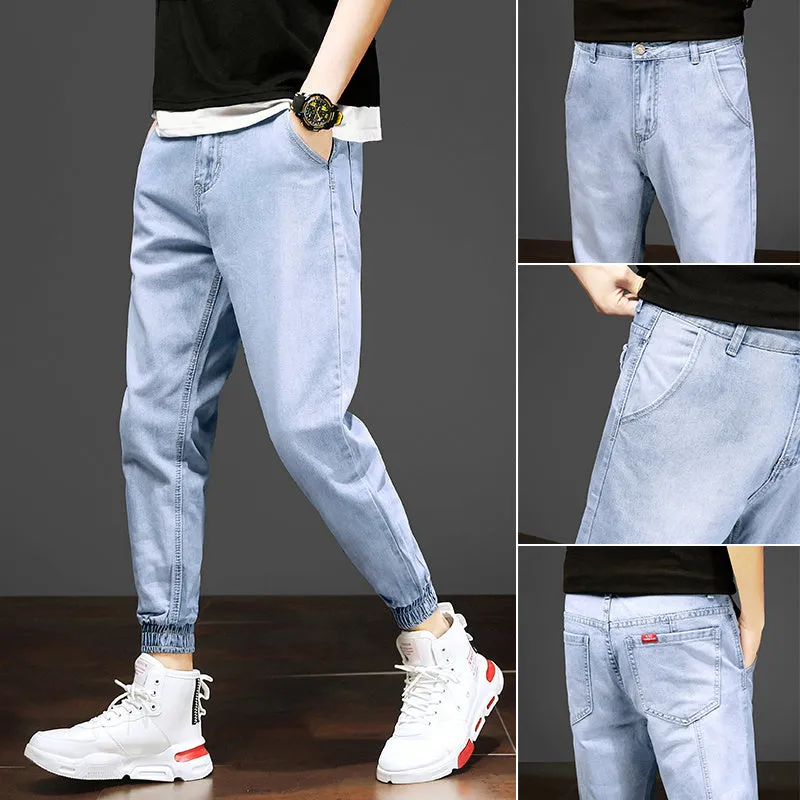 Men's autumn black ripped ankle jeans with micro elastic denim, youth-style tapered fit