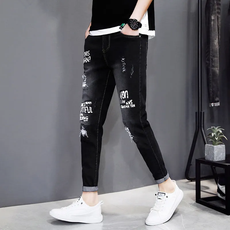 Men's autumn black ripped ankle jeans with micro elastic denim, youth-style tapered fit
