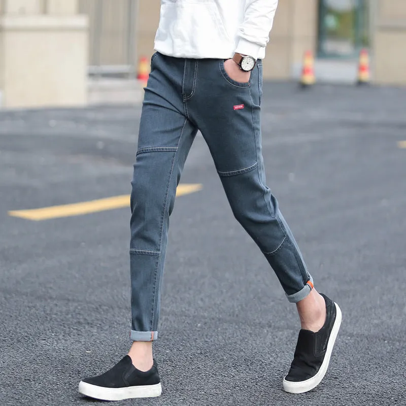 Men's autumn black ripped ankle jeans with micro elastic denim, youth-style tapered fit