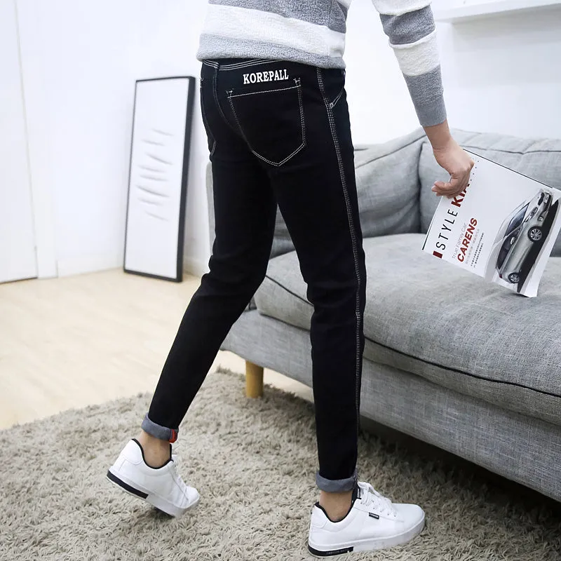 Men's autumn black ripped ankle jeans with micro elastic denim, youth-style tapered fit