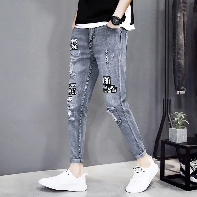 Men's autumn black ripped ankle jeans with micro elastic denim, youth-style tapered fit