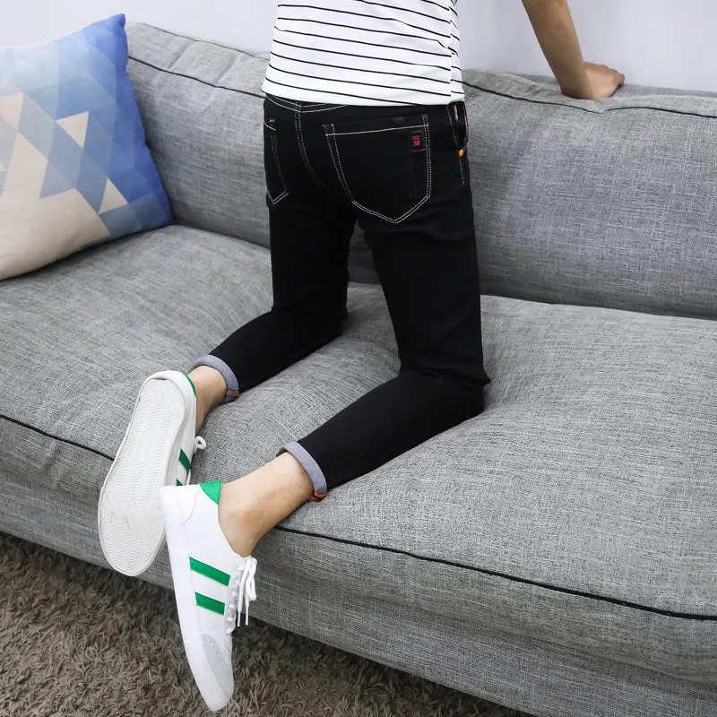 Men's autumn black ripped ankle jeans with micro elastic denim, youth-style tapered fit