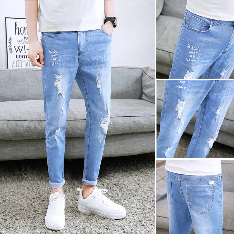 Men's autumn black ripped ankle jeans with micro elastic denim, youth-style tapered fit