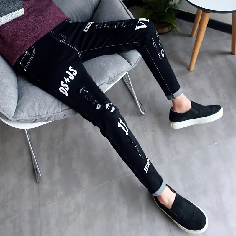 Men's autumn black ripped ankle jeans with micro elastic denim, youth-style tapered fit