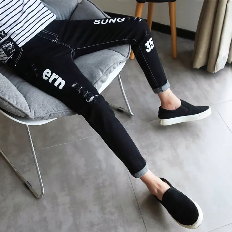 Men's autumn black ripped ankle jeans with micro elastic denim, youth-style tapered fit