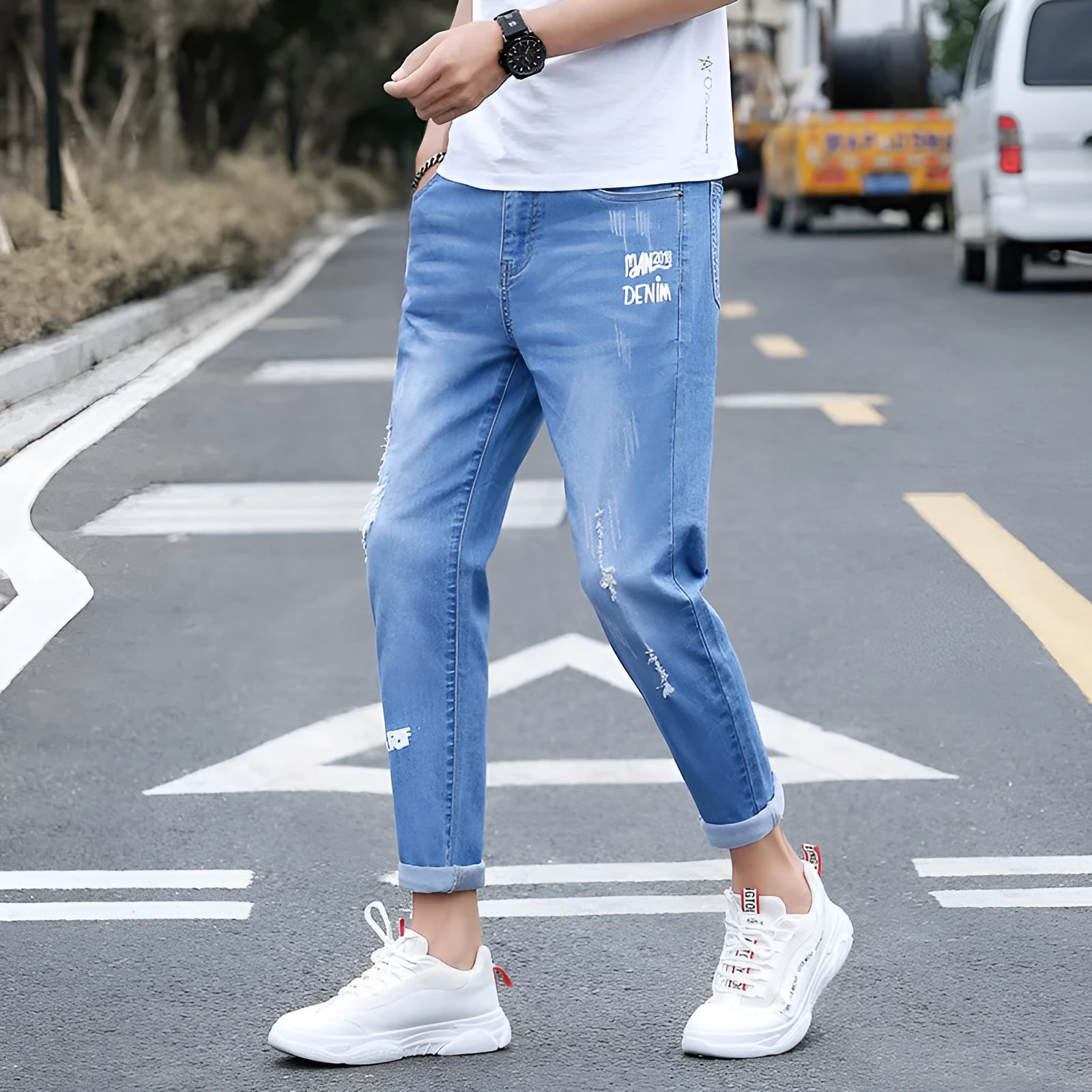 Men's autumn black ripped ankle jeans with micro elastic denim, youth-style tapered fit