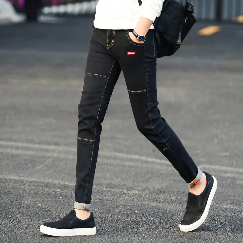 Men's autumn black ripped ankle jeans with micro elastic denim, youth-style tapered fit