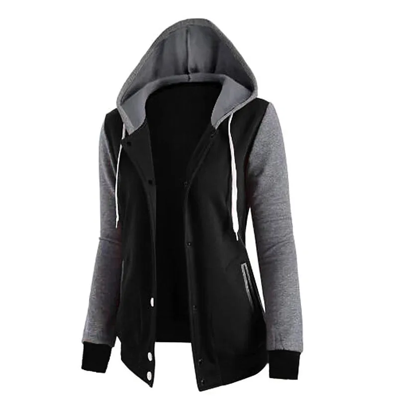Women's cotton hooded jacket with adjustable hood and side pockets in black, green, purple, red