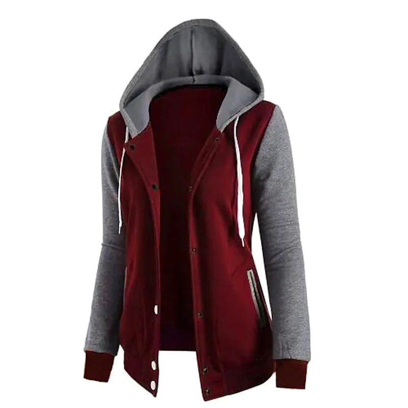 Women's cotton hooded jacket with adjustable hood and side pockets in black, green, purple, red