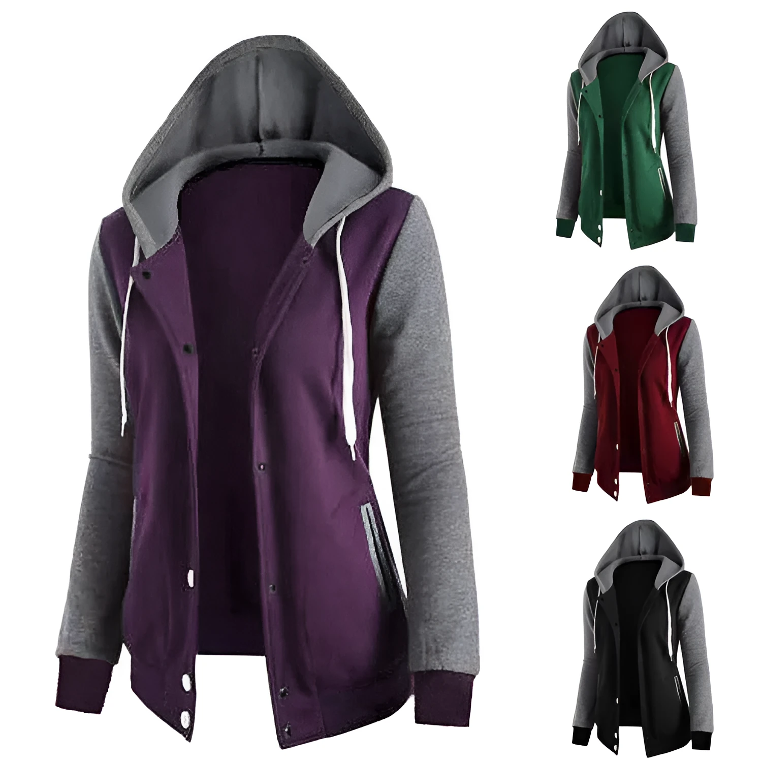 Women's cotton hooded jacket with adjustable hood and side pockets in black, green, purple, red