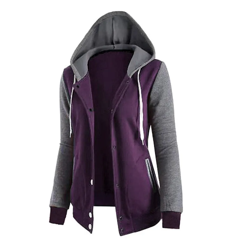 Women's cotton hooded jacket with adjustable hood and side pockets in black, green, purple, red