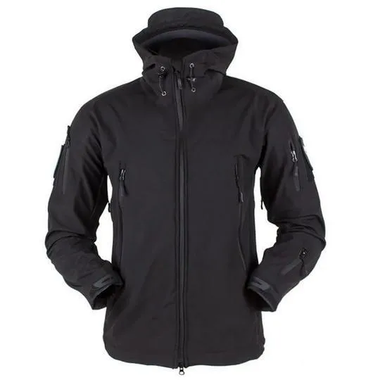 Men's windproof hooded soft shell jacket in polyester fibre, available in black, green, grey, and khaki sizes S to 4XL