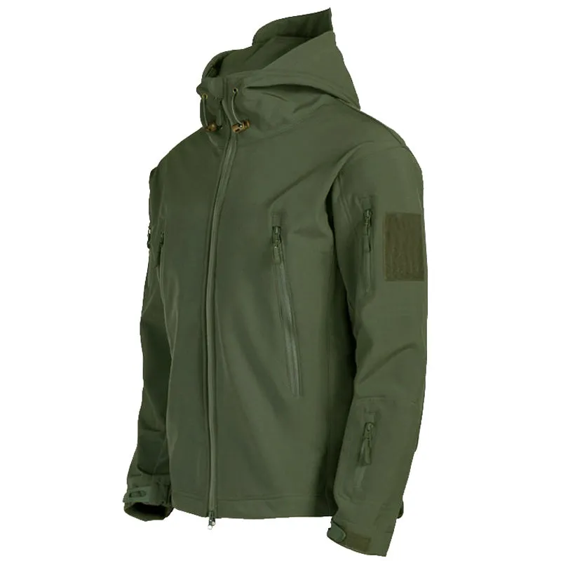 Men's windproof hooded soft shell jacket in polyester fibre, available in black, green, grey, and khaki sizes S to 4XL