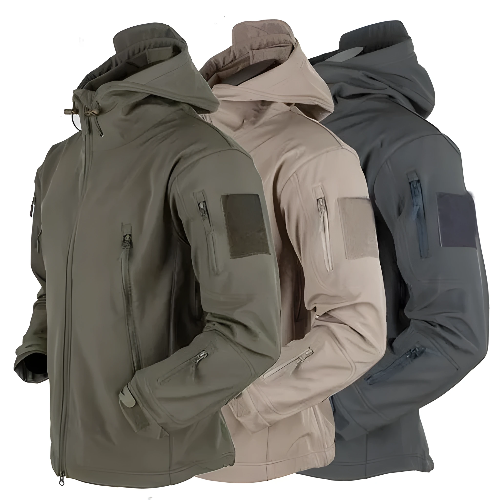 Men's windproof hooded soft shell jacket in polyester fibre, available in black, green, grey, and khaki sizes S to 4XL