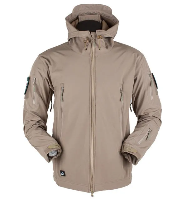 Men's windproof hooded soft shell jacket in polyester fibre, available in black, green, grey, and khaki sizes S to 4XL