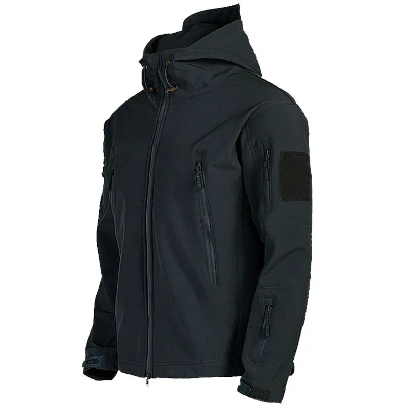 Men's windproof hooded soft shell jacket in polyester fibre, available in black, green, grey, and khaki sizes S to 4XL